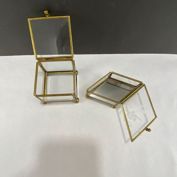 Vintage Leaded Glass Brass Trinket Boxes Lot of 2 - Picture 2 of 12